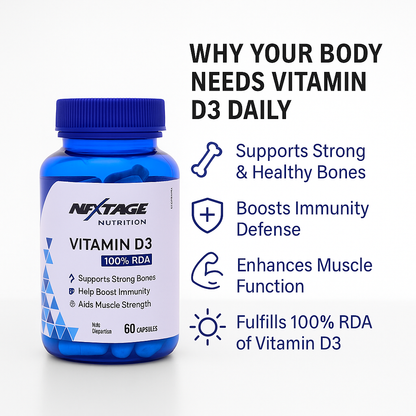 Nextage Nutrition Vitamin D3 Capsules 100% RDA for Bone Strength, Immunity & Muscle Support – 60 Capsules