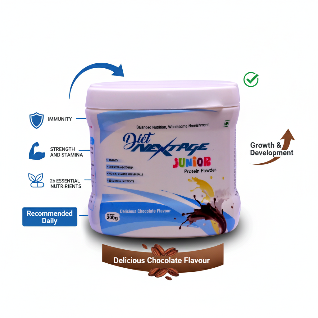 Diet Nextage Junior Protein Powder for Kids (2–15 Years) | Chocolate Flavour | Growth, Immunity & Brain Support