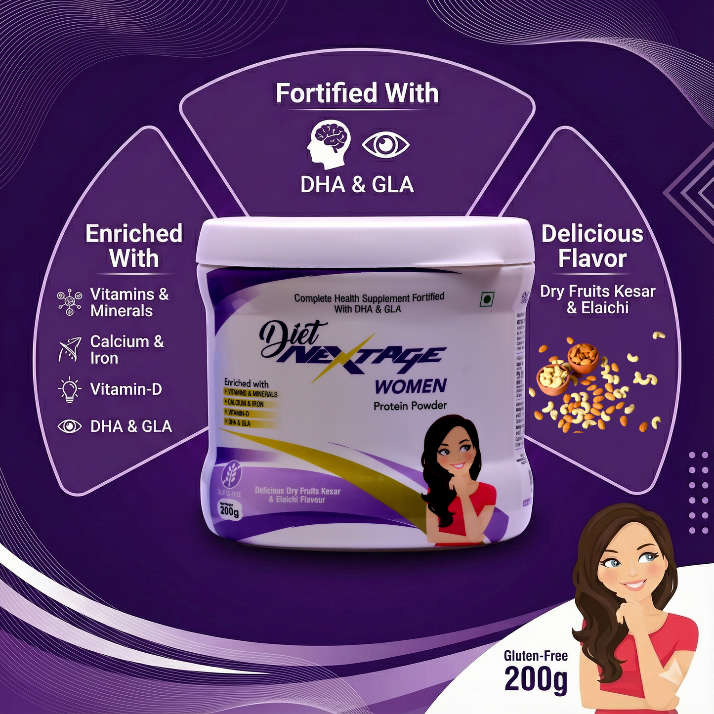 Diet Nextage Women Protein Powder with DHA & GLA | Dry Fruits Kesar Elaichi Flavour | Daily Nutrition, Strength & Immunity Support